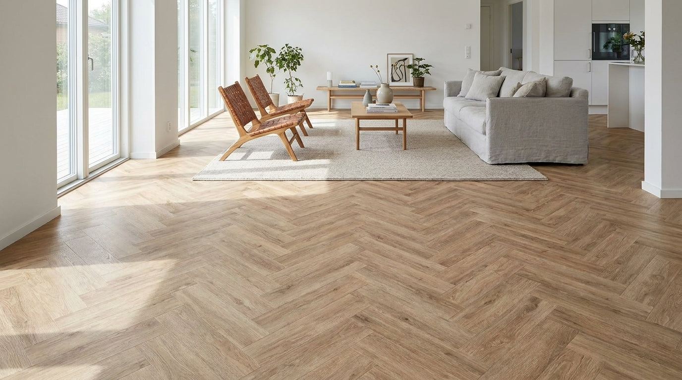 Водоустойчива настилка Amaron Herringbone №184 Дъб Уиндзор 5мм / 33 клас 4V - интериорна визуализация